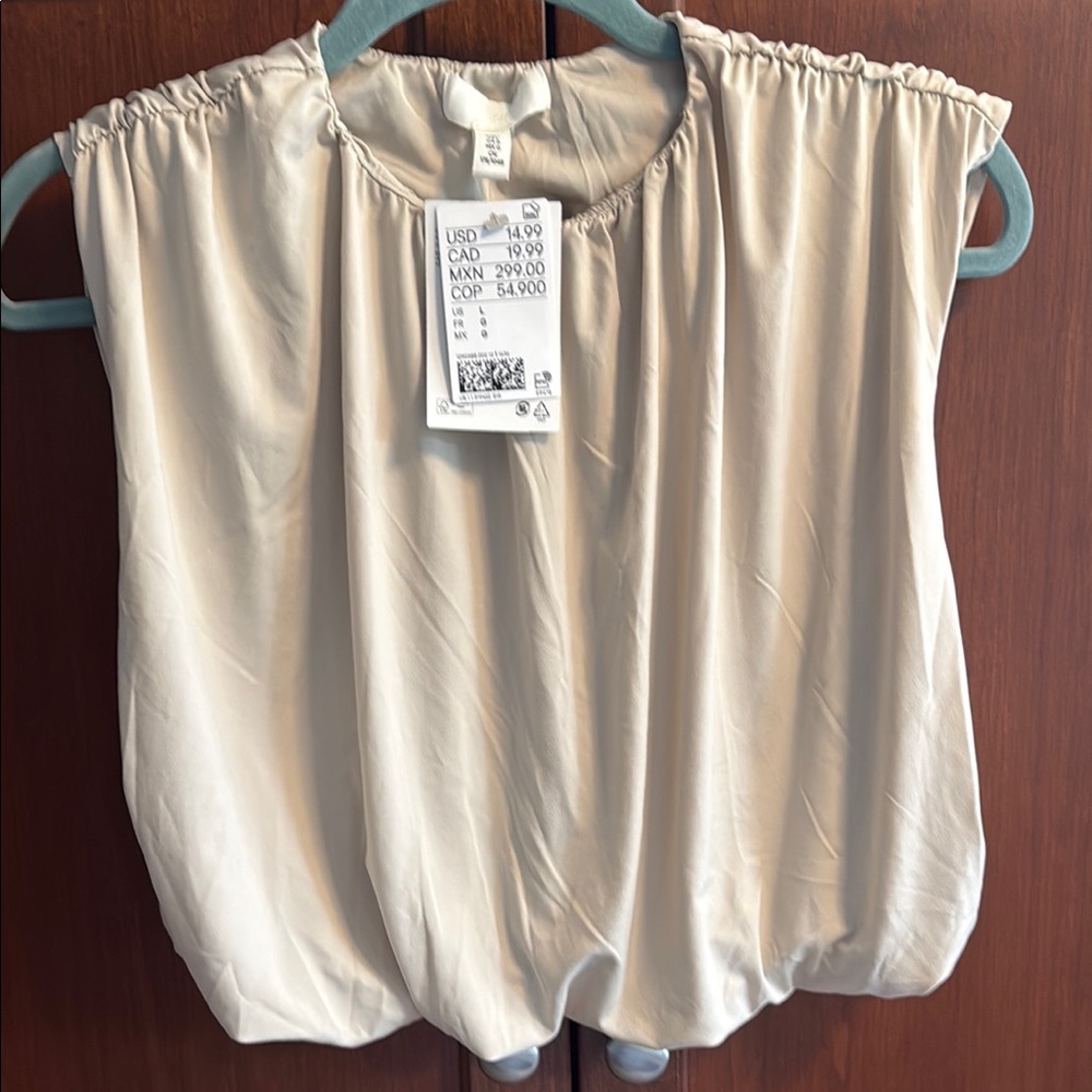 H&M Cream Elastic-Hem Gathered Neck Cap-Sleeve Blouse